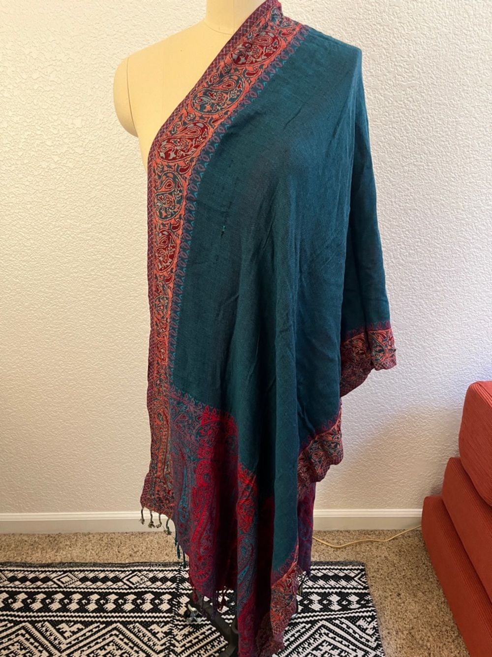 Teal and Red Paisley Shawl Wrap